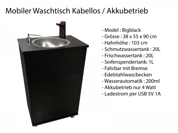 Mobiles Handwaschbecken Bigblack mit Seifenspender Batterie betriebener Wasserhahn Schwarz
